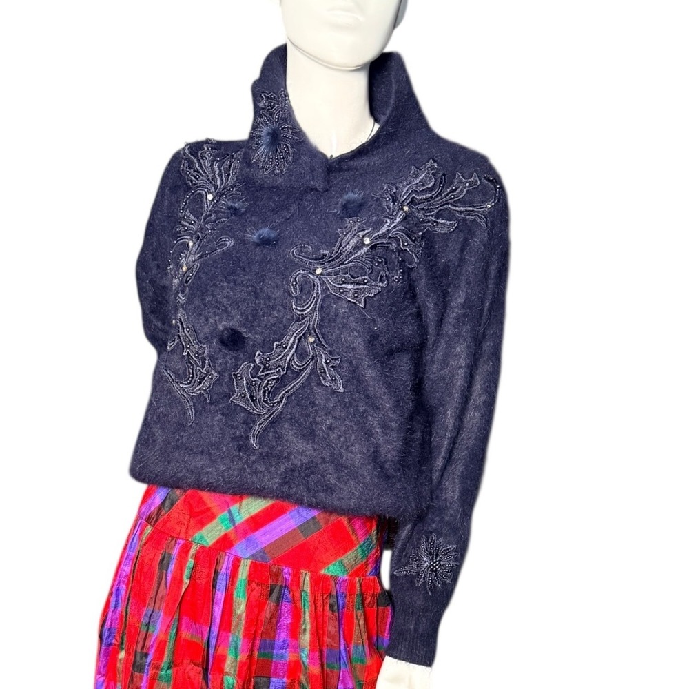 Vintage 80s Sheng Hao Navy Blue Embellished‎ Fuzzy Mock Neck Sweater large